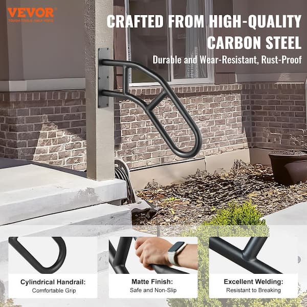 Handrails for Outdoor Steps 17.72 in. x 3.15 in. Black steel Stair Railing Kit Wall Mount Railings 1-3 Steps U-Shaped