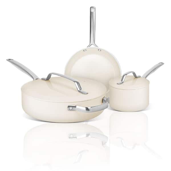 Modern 5-Piece Aluminum Ultra Performance Ceramic Nonstick Cookware Set in Cream