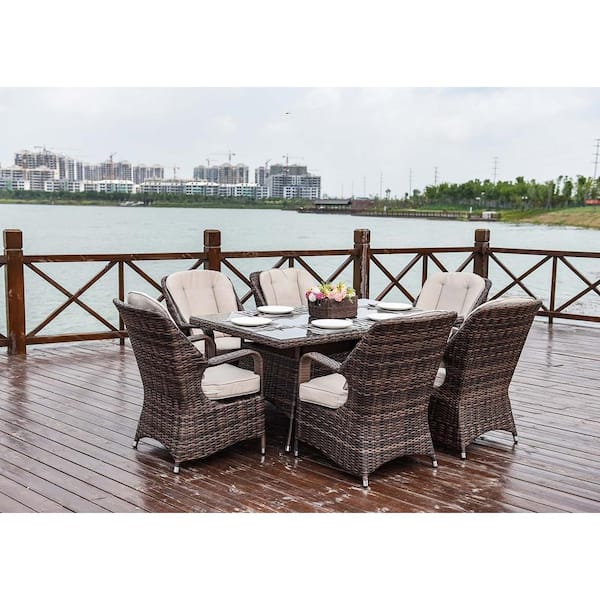 Ozark Brown 7-Piece Wicker Rectangular Outdoor Dining Set with Beige Cushion