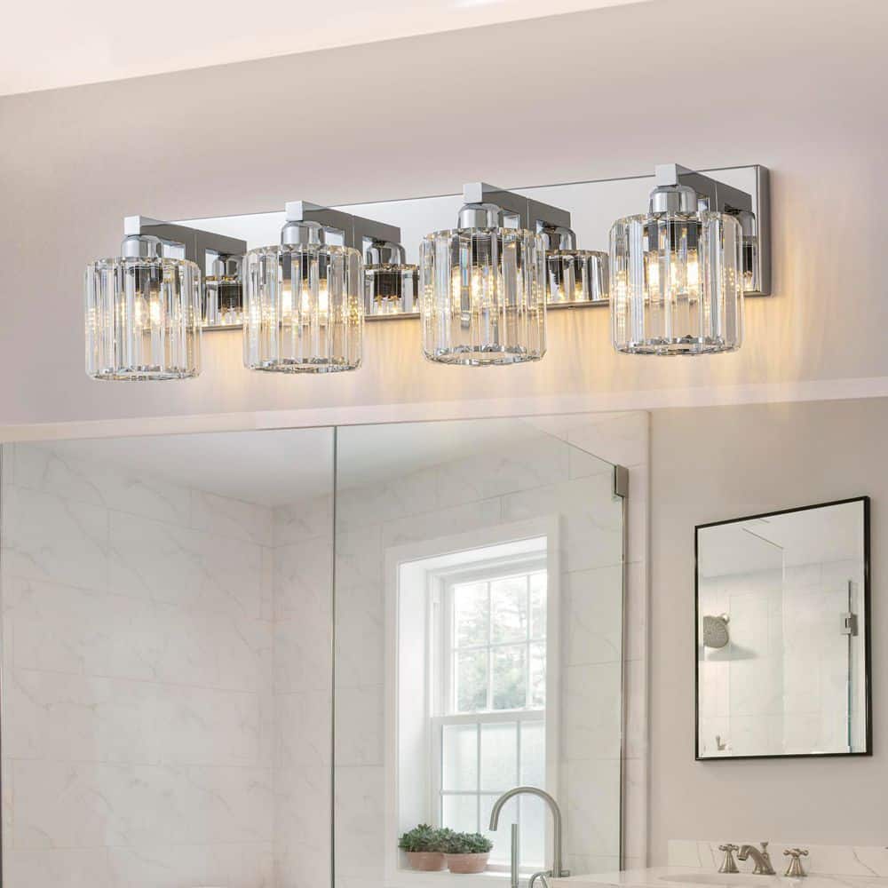 Orillia 28 in. 4-Light Vanity Light with Cylinder Crystal Shade Modern Wall Sconce for Bathroom Polished Chrome price history on PriceWatchPro