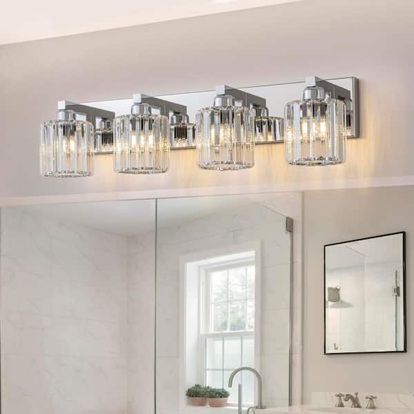 EDISLIVE Orillia 28 in. 4-Light Vanity Light with Cylinder Crystal Shade Modern Wall Sconce for Bathroom Polished Chrome