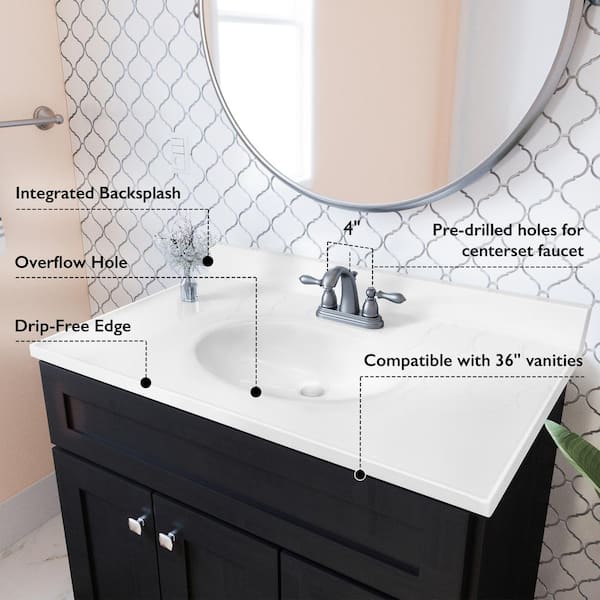 37 in. W x 19 in. D Cultured Marble Vanity Top in Solid White with Solid White Basin with 4 in. Faucet Spread 37 in. W x 19 in. D Cultured Marble Vanity Top in Solid White with Solid White Basin with 4 in. Faucet Spread