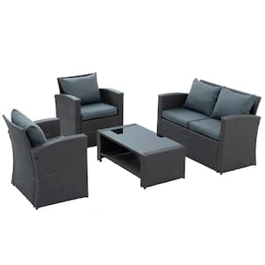 4-Piece Dark Gray Wicker Patio Conversation Set with Gray Cushions and Tempered Glass Table