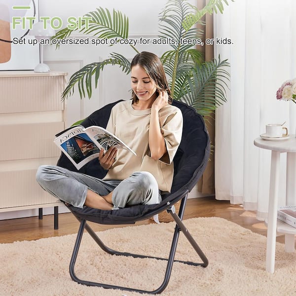VECELO Folding Moon Chair with Faux Fur Seat, Black Saucer Chair