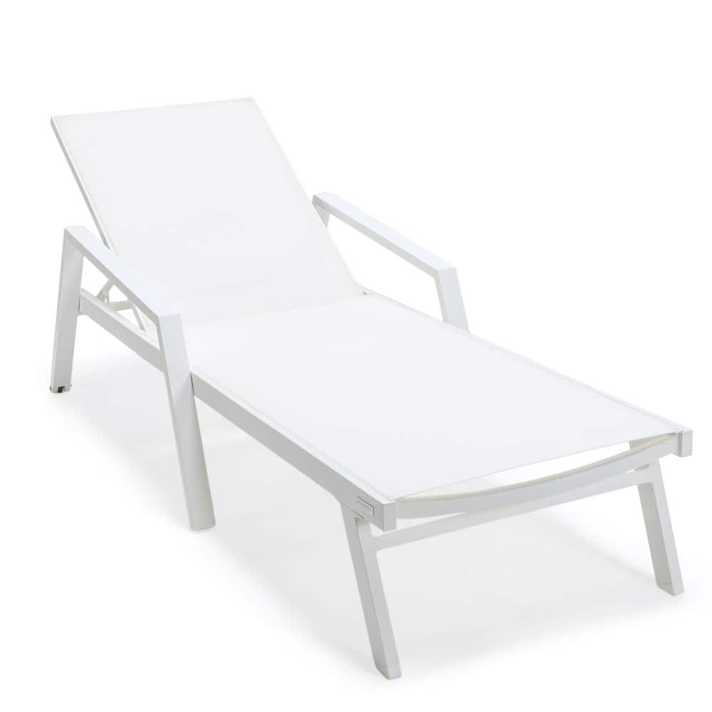 White Aluminum Adjustable Chaise Lounge with Arms and Cushions