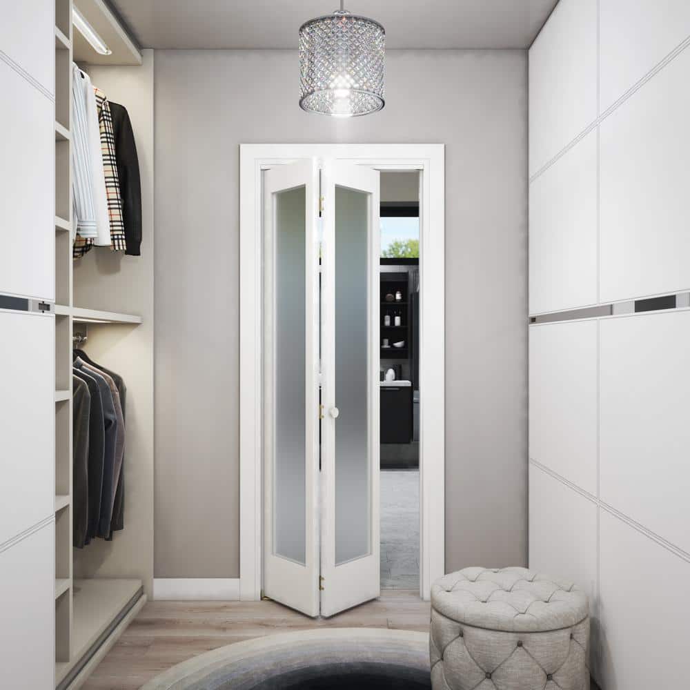 24" x 80" White Frosted Glass Solid Wood Bi-Fold Door