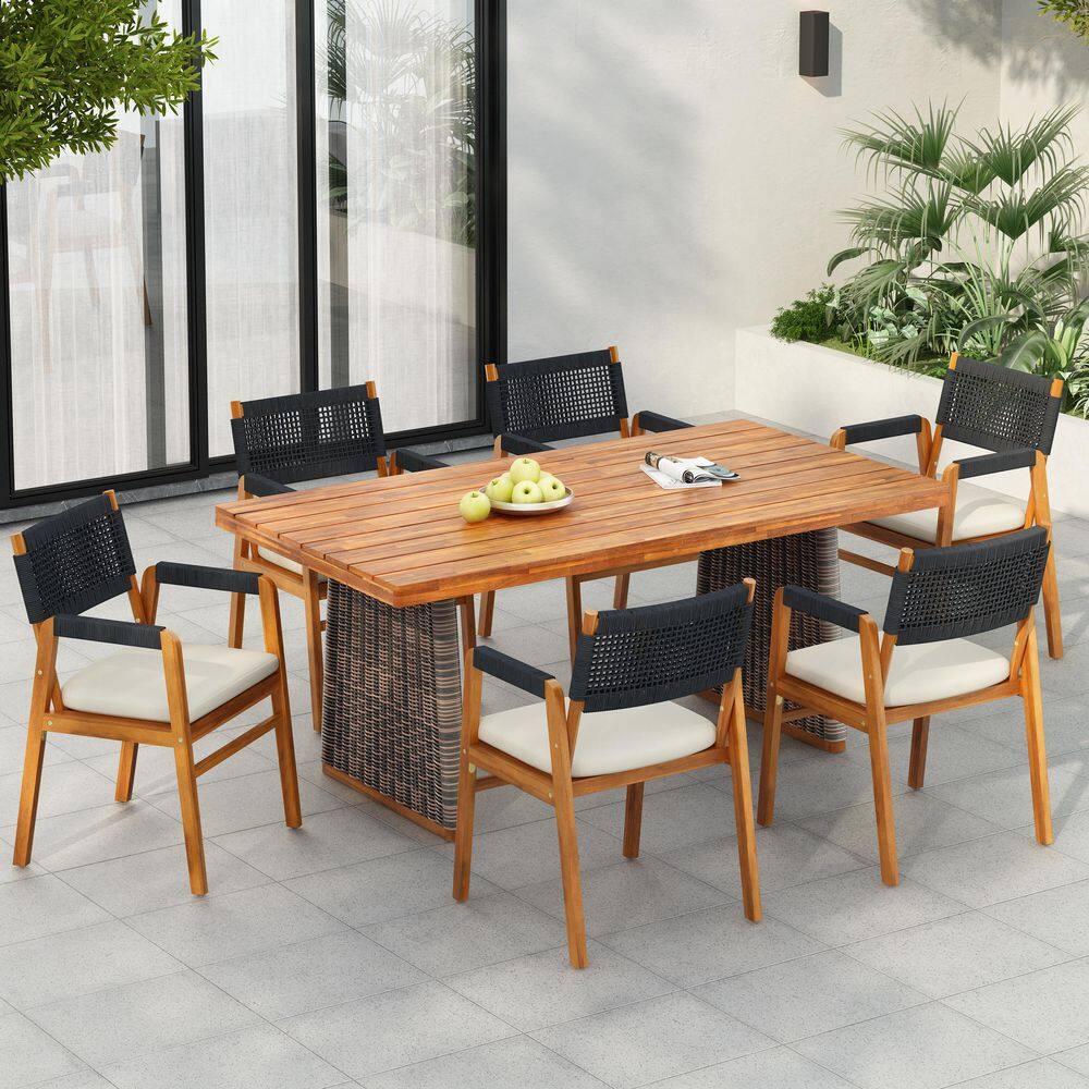 Juvell Bohemia Teak Finish 7-Piece Wood and Rope and Wicker Woven Outdoor Dining Set with Beige Cushion, Black + Grey price history on PriceWatchPro
