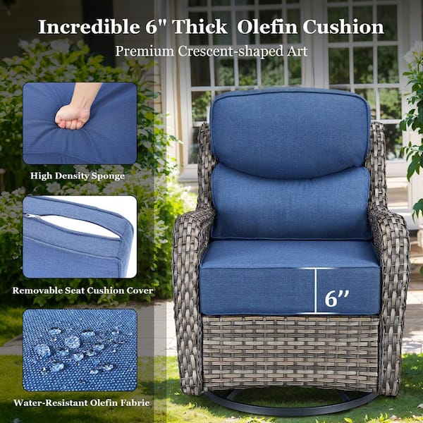 NovaSwivel Gray Wicker Patio Conversation Set Outdoor Seating Swivel Chair Set with 6 in. Thicked Blue Cushions