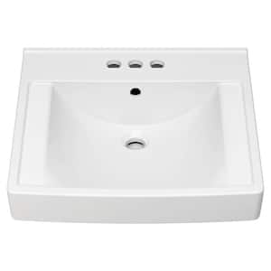 Decorum Vitreous China Wall-Hung Rectangle Vessel Sink with 4 in. Centerset Faucet Holes in White