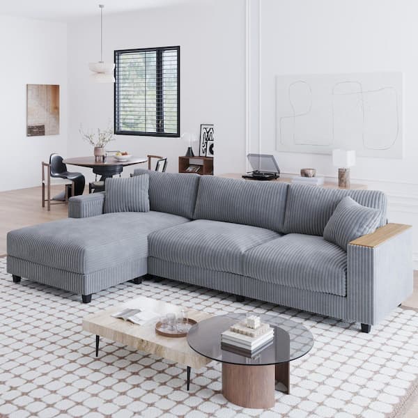 Kim 114.56 in. Corduroy Upholstery L-Shaped Sectional Sofa in. Gray with Hidden Storage, Reversible Chaise, Pillows