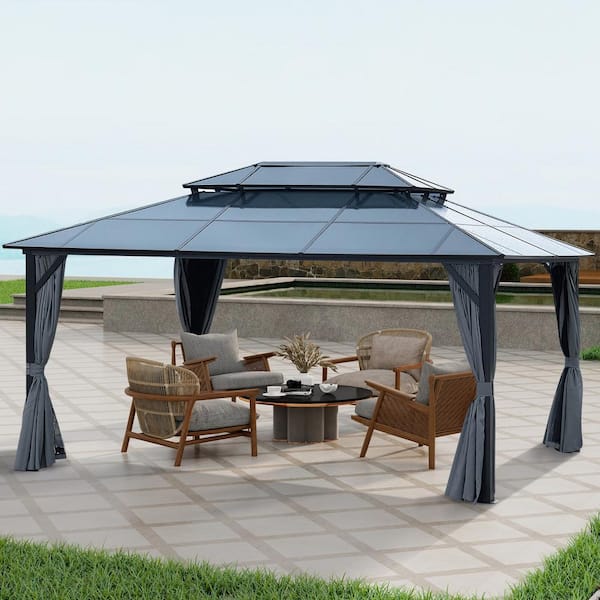 JimsMaison 12 ft. x 16 ft. Outdoor Grey Aluminum Hardtop Gazebo with Polycarbonate Double Roof with Curtain and Netting