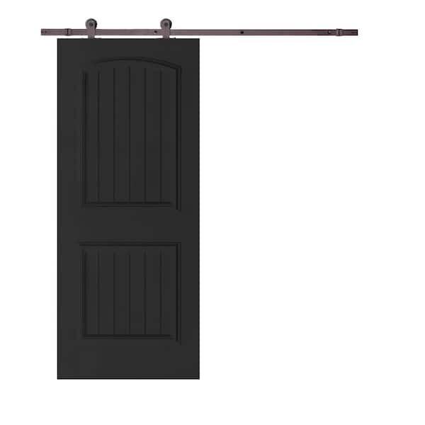 CALHOME Elegant Series 30 in. x 80 in. Black Stained Composite MDF 2 Panel Camber Top Sliding Barn Door with Hardware Kit