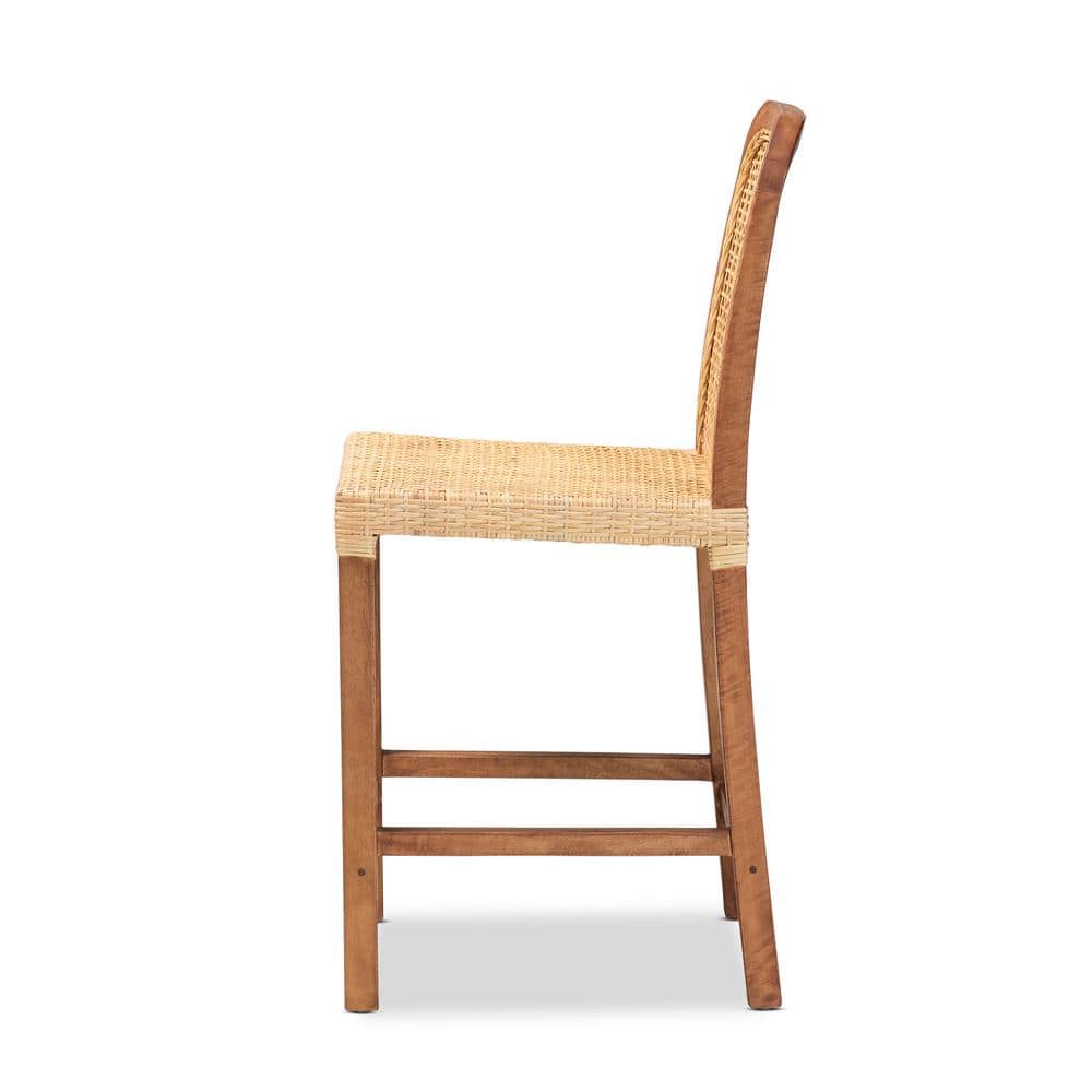 Caspia Mid-Century Walnut Brown Wood & Natural Rattan Counter Stool