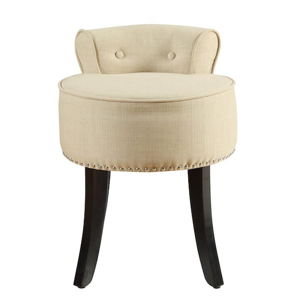 Inspired Home Margot Nailhead Trim Rolled Back Beige Linen Vanity Stool