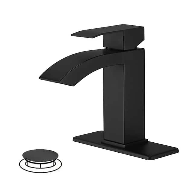 HOMEMYSTIQUE Single Handle Waterfall Single Hole Bathroom Faucet in Matte Black with Deck Plate and Drain
