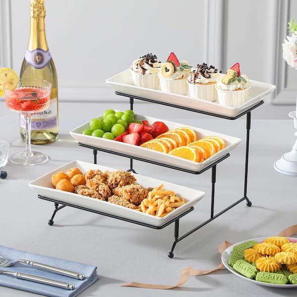 3 Tier 12 in. White Porcelain Cake Stand Serving Platters and Trays with Collapsible Sturdier Metal Rack