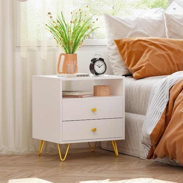 FUFU&GAGA 2-Drawer White Nightstands with Metal Legs and Open Shelf, Side Table Bedside Table 15.7 in. D x 19.6 in. W x 21.6 in. H