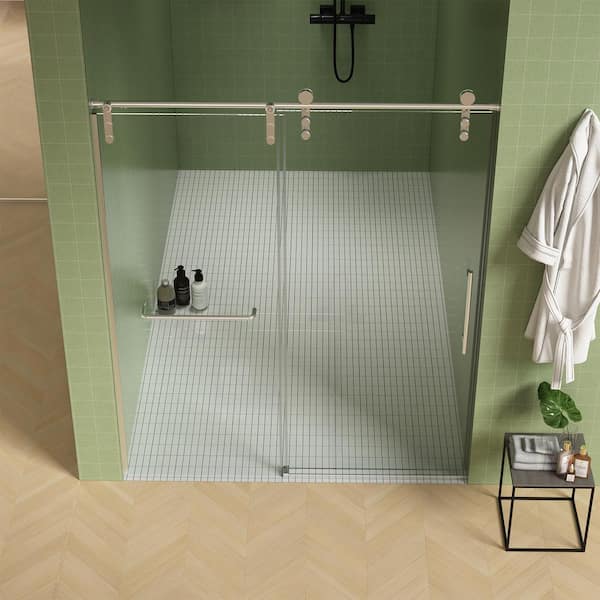 Staykiwi 60 in. W x 70.68 in. H Sliding Frameless Shower Door in Nickel Finish with Clear Glass