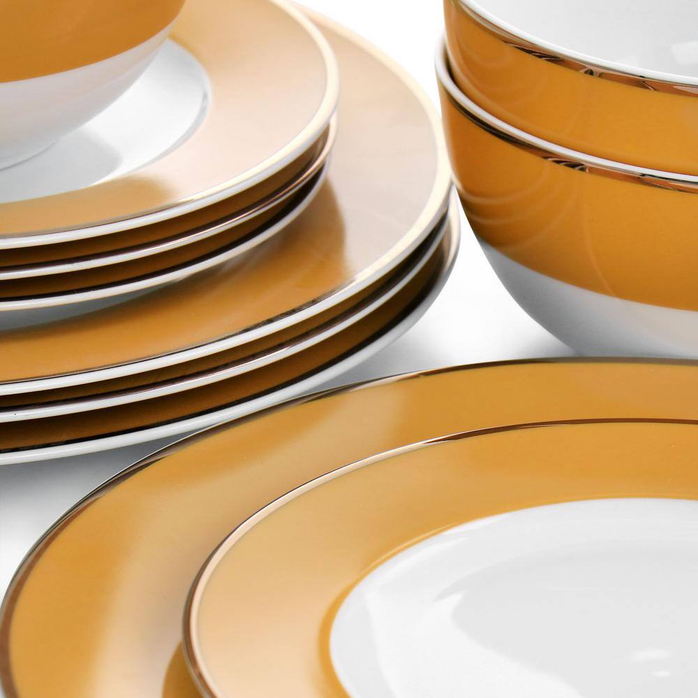 Yellow Ceramic 12-Piece Dinnerware Set with Gold Rim