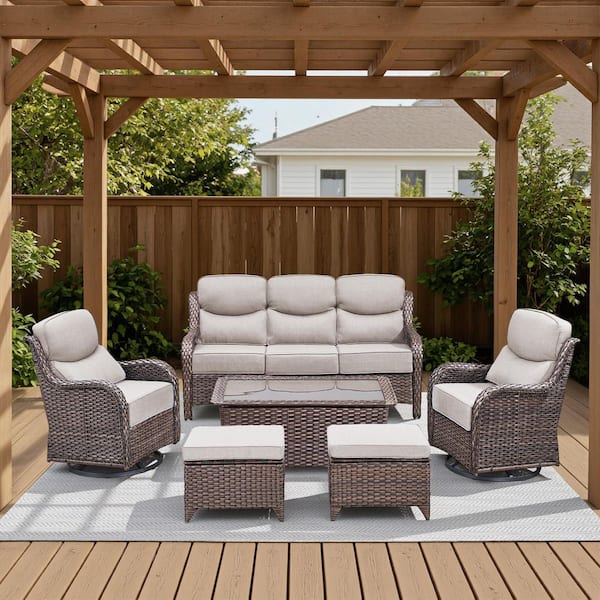 Arcadia Brown 6-Piece Wicker Patio Conversation Set with Swivel Gliders and 6 in. Thick Olefin Beige Cushions