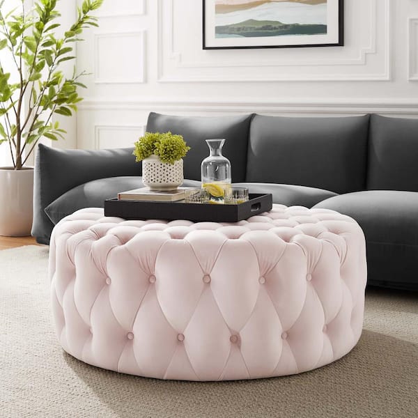 MODWAY Amour Tufted Button Large Round Performance Pink Velvet Ottoman EEI 5469 PNK The Home Depot