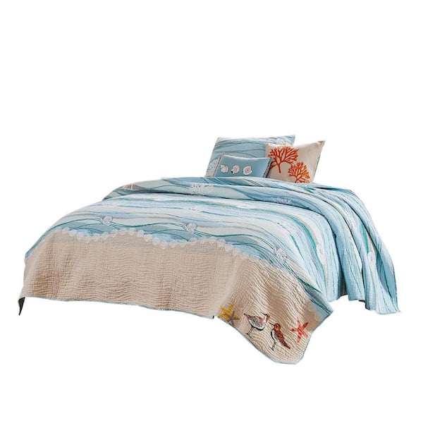 Benjara 4-Piece Blue Solid Twin Size Microfiber Quilt Set