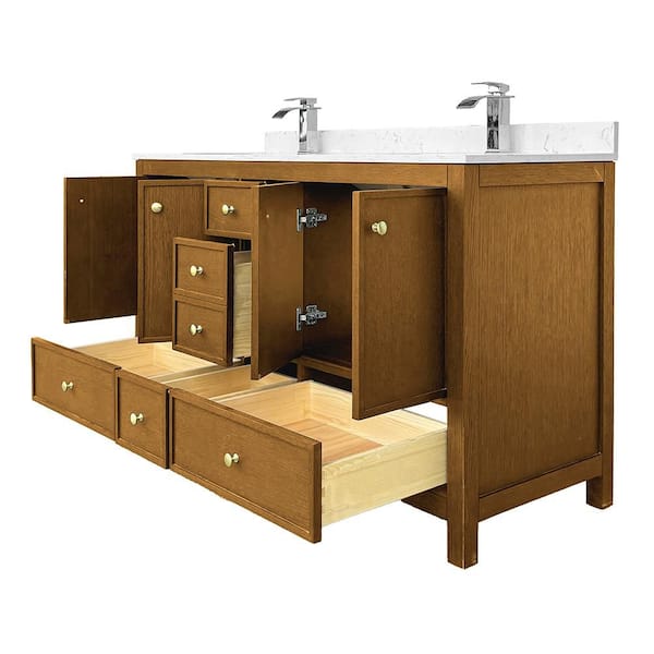 60 in. W x 22 in. D x 35 in. H Double Sink Bath Vanity Cabinet in Brown Oak with Calacatta Cultured Marble Top