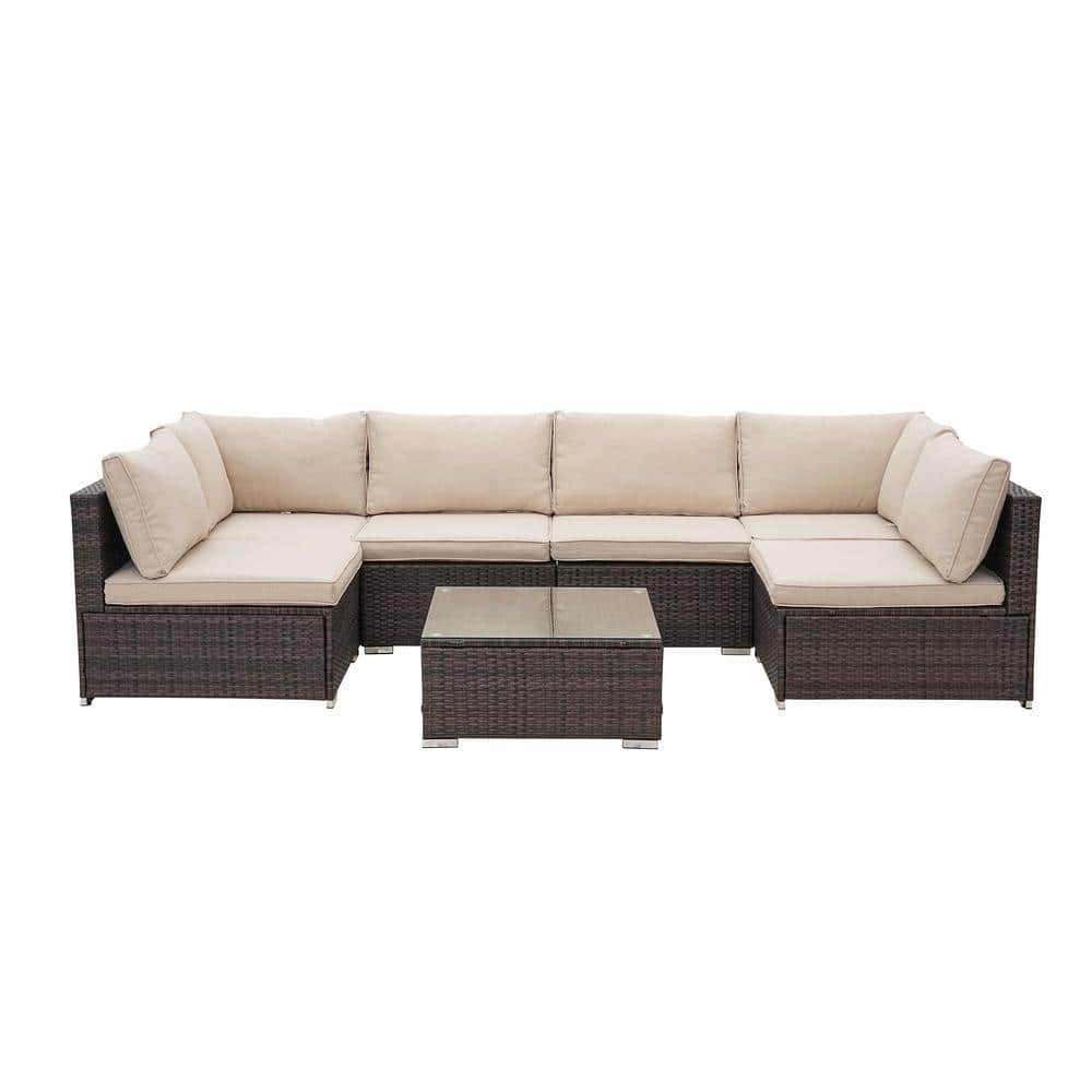 7-Piece Wicker Outdoor Patio Sectional Set, Outdoor Sofa Set with Beige Cus