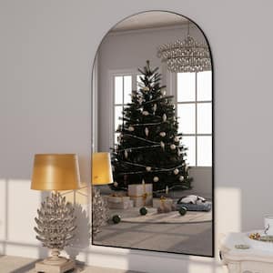 32 in. W x 71.5 in. H Oversized arched wooden classic full-length black wall-mounted/standing mirror wall mirror