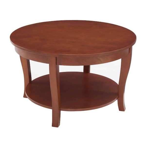 30 in. Walnut Wood Round Coffee Table With Shelf