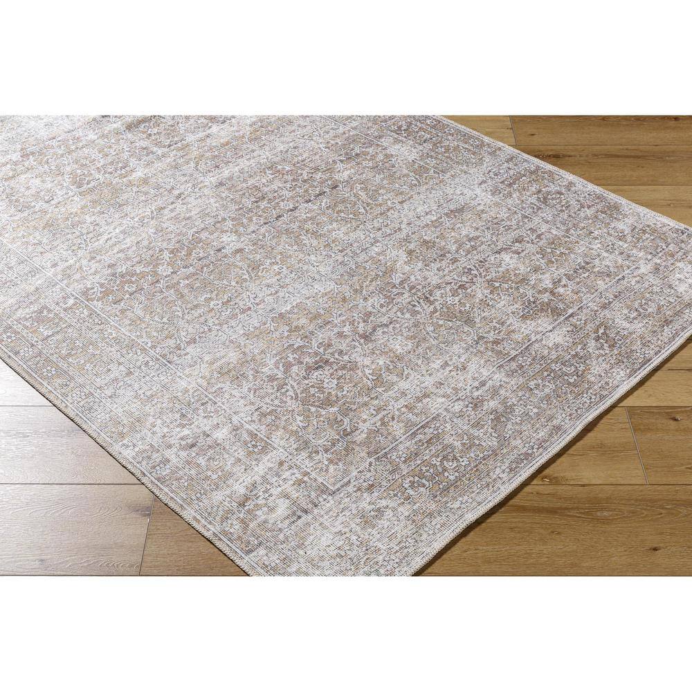 Taupe and Cream Rectangular Washable Synthetic Area Rug