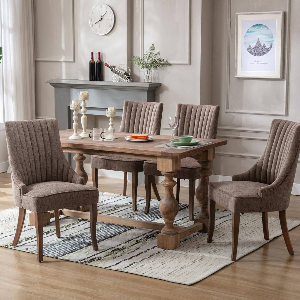 Brown Linen High Back Upholstered Dining Chairs with Wood Legs