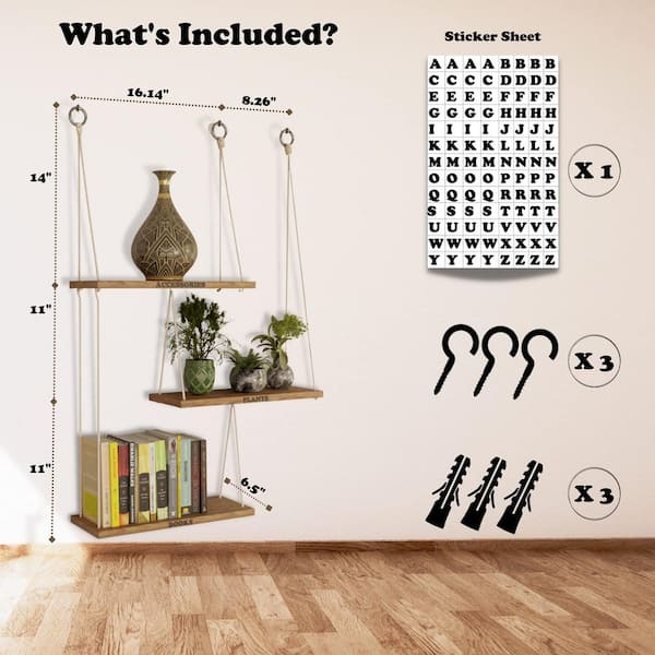 16.78 in. W x 6.5 in. D Brown Wood Hanging Shelves Swing Floating ...