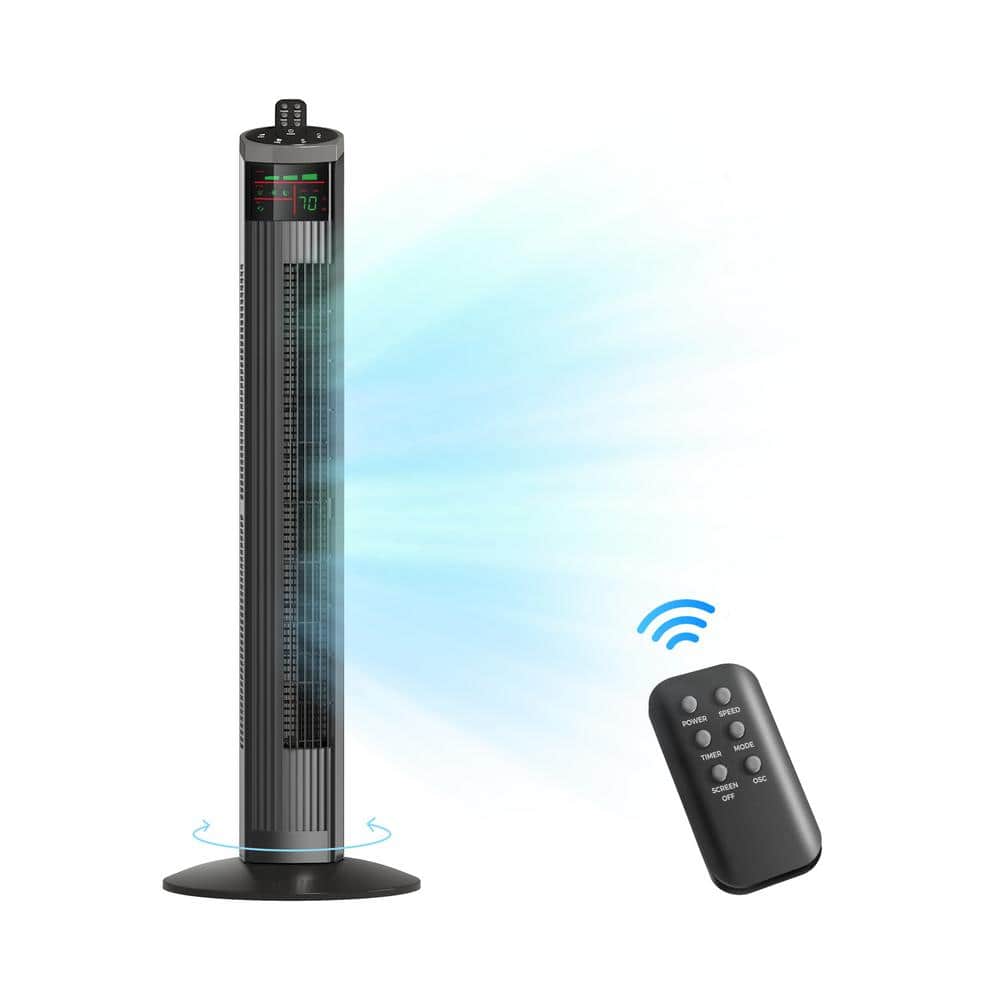 36 in. 3 fan Speeds Bladeless Tower Fan Black with Top Mounted Remote LED P