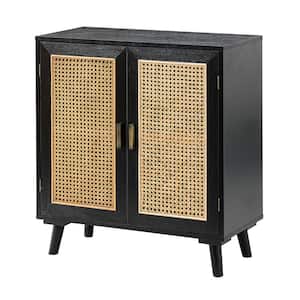 Salayar Black 2-Door Accent Storage Cabinet with Rattan and Solid Wood Legs