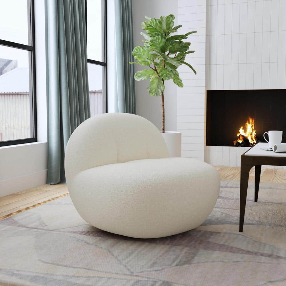 Off-White Curved Sherpa Armless Swivel Chair with Gold Finish
