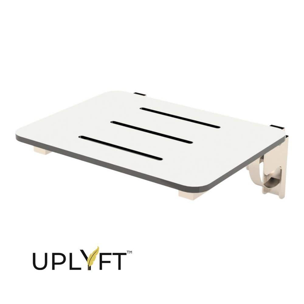 UPLYFT 18 in. Rectangle Wall Mount Folding Shower Seat with White Phenolic Slotted Top and Satin