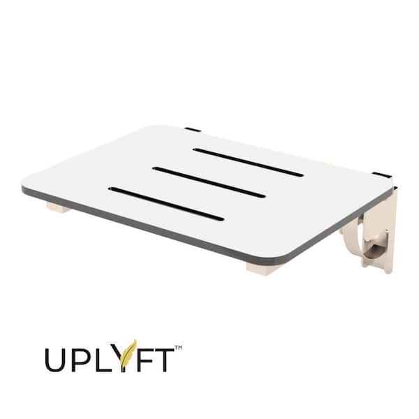 UPLYFT 18 in. Rectangle Wall Mount Folding Shower Seat with White Phenolic Slotted Top and Satin Stainless Base