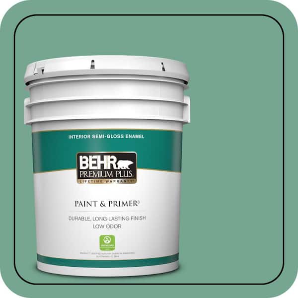 BEHR PREMIUM PLUS 5 gal. #M420-5 Free Green Semi-Gloss Enamel Low Odor Interior Paint & Primer