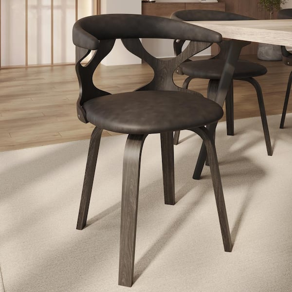 Leisuremod Dining Chairs Round Leather Seat with Solid Wood Legs Accent Arm Chair Curve Open Back in Dark Walnut/Brown