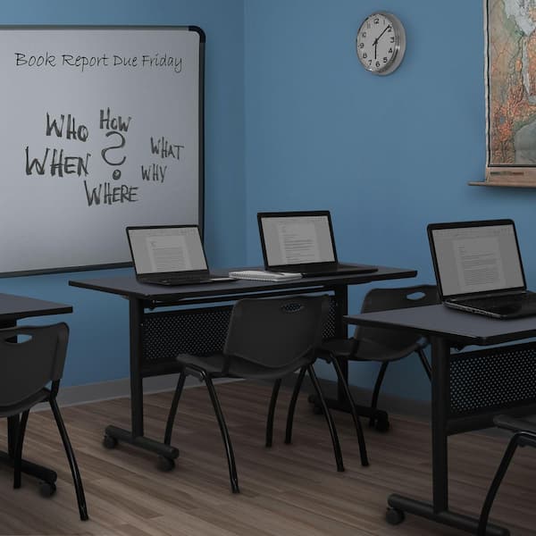 Kobe 72 in x 24 in. Grey Flip-Top Privacy Nesting Table Desk, 2 M Stack Chairs-Black