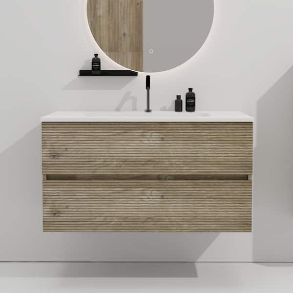 36 in. Modern Single Sink Floating Rough Oak Bath Vanity with White Ceramic Top