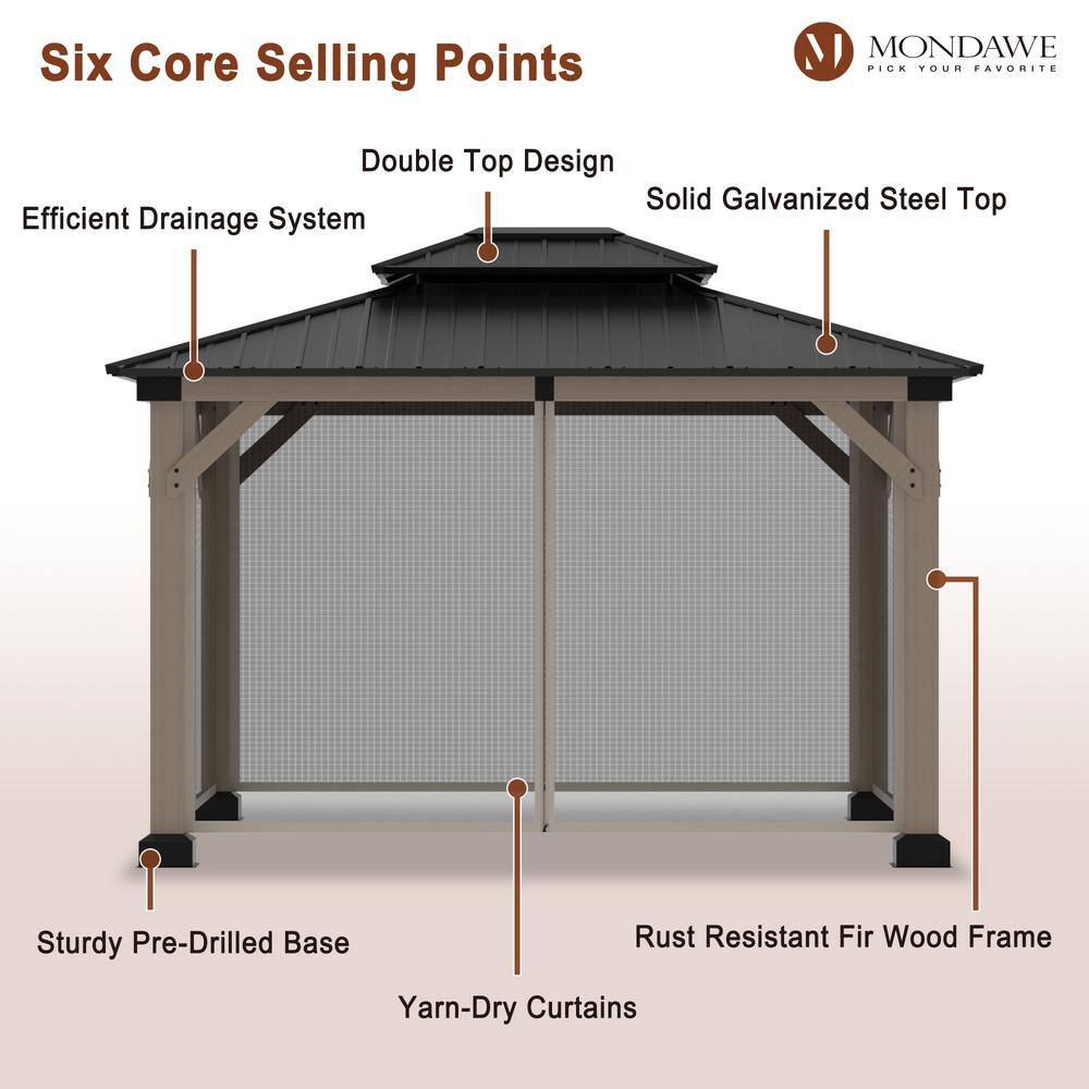 Mondawe 10'x12' Permanent Hardtop Gazebo Canopy Cedar Wood Framed Pavilion with Galvanized Steel Double Roof for Patio Lawn and Garden, Netting Included