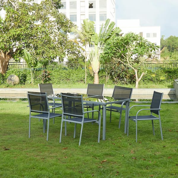 Black 7-Piece Iron Outdoor Dining Set with 6-Black Chairs and Black Tempered Glass Table