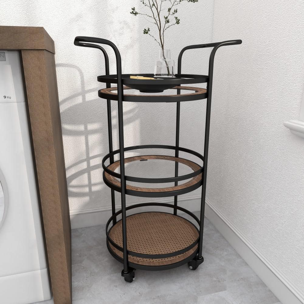 21'' Brown Metal and Rattan Round Bar Cart with Glass Shelves