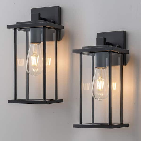 13 in. Matte Black Outdoor Hardwired Wall Lantern Sconce with Clear Tempered Glass, No Bulbs Included(2-Pack)