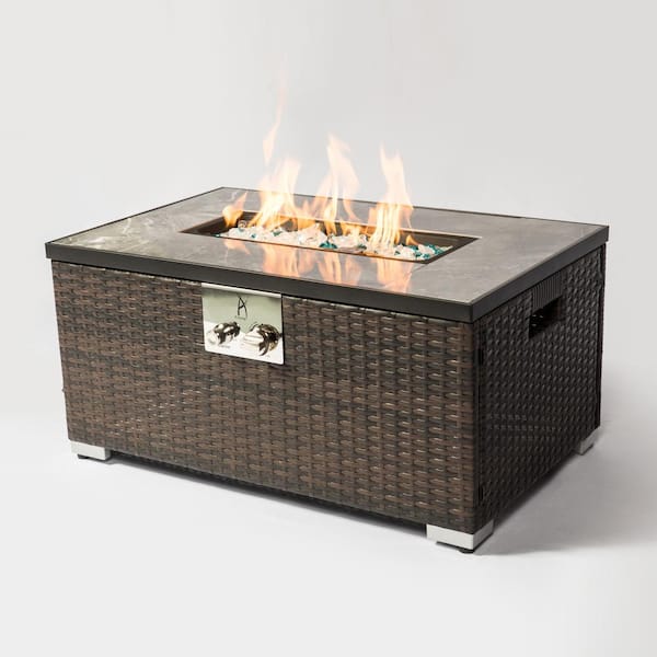 Unbranded 40,000BTU Outdoor Fire Table Gas Fire Pit Rattan Gas Fire Table, Gas Fire Table with Tile Tabletop
