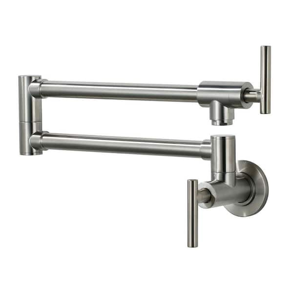 Contemporary Wall-Mounted Stainless Steel Pot Filler Kitchen Faucet with Dual Handles in Brushed Nickel