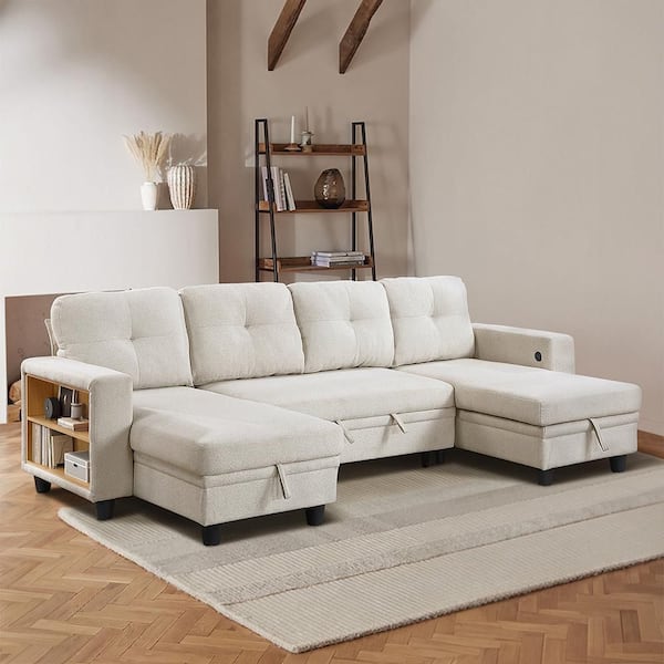 Celylon 102 in. Straight Arm Boucle Fabric Sectional Sofa in Beige with 2-Chaises, Pull-Out Bed and Shelves