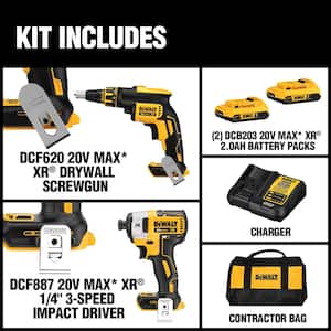 20V MAX XR Cordless Drywall Screw Gun/Impact Driver 2 Tool Combo Kit with (2) 20V 2.0Ah Batteries and Charger